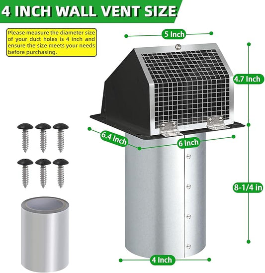 4Inch Dryer Vent Cover Outside,Hooded Wall Vent with Screen and Damper,Exterior Exhaust Vent Cover Cap Outdoor Dryer Vent for 4Inch Pipe,Laundry,Bathroom Exhaust Fan&Air Exhaust,Galvanized Steel,Black