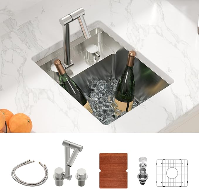Sarlai Undermount Bar Sink With Foldable Faucet - 13x15 Inch Outdoor Kitchen Sink RV Workstation 16 Gauge Stainless Steel Single Bowl Handmade Outdoor BBQ Sinks