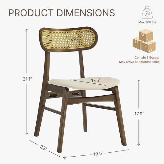 KISLOT Wooden Dining Chairs Set of 6, Upholstered Modern Dining Room Chairs, Mid Century Oak Wood Kitchen Chairs with Rattan Backrest for Farmhouse, Kitchen, Restaurant (Cream Fabric & Walnut Color)