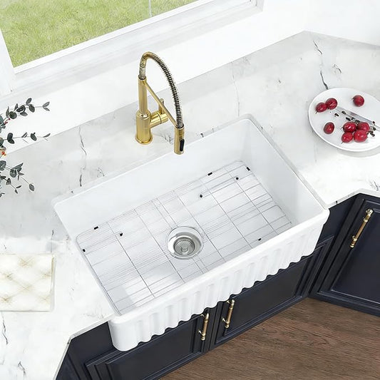 30 Farmhouse Sink White - Kichae 30 x 18 Inch Farmhouse Kitchen Sink Reversible Apron Front White Ceramic Porcelain Fireclay Undermount Farm Style Single Bowl Basin