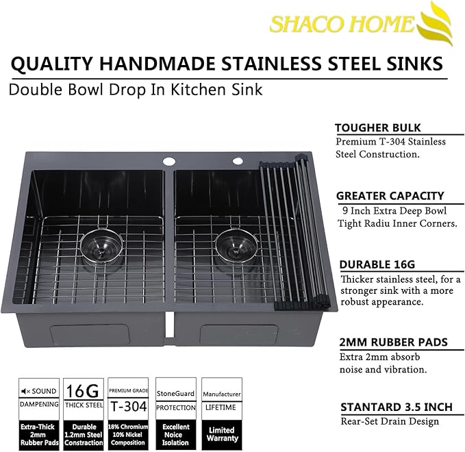 SHACO 33x22 Black 50/50 Double Bowl Drop In Kitchen Sink, 33 Inch Top Mount Gunmetal Black 16 Gauge Stainless Steel Kitchen Sink with Grid and Accessories