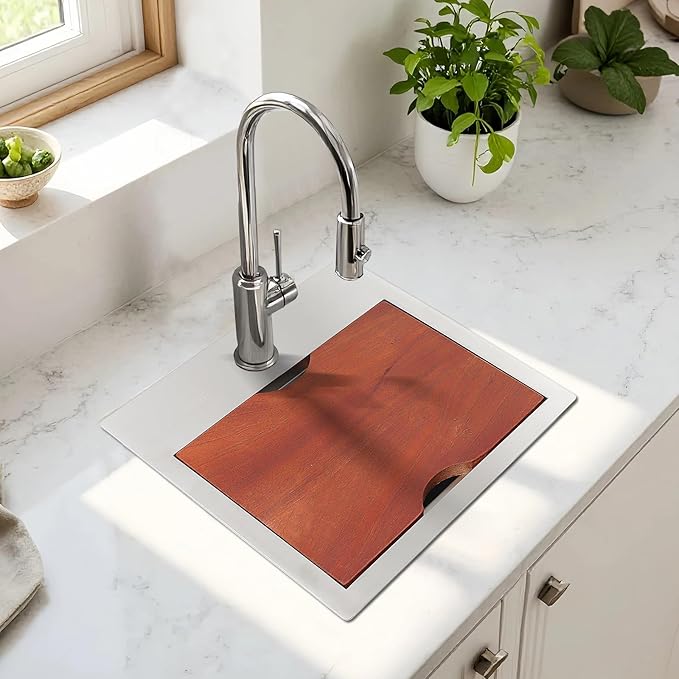 Bar Sink, 15 x 15 Inch Stainless Steel Single Bowl Topmount Small Outdoor RV Handmade Sink with Bottom Rack and Cutting Board