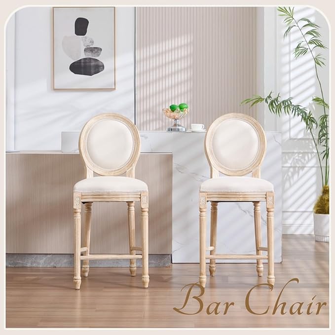 French Country Upholstered Bar Stools Set of Two, Natural Rattan Round Backrest, Solid Wood Frame with Carving and Wire Drawing Techniques, Vintage Dining Chairs for Kitchen Island (Beige B)