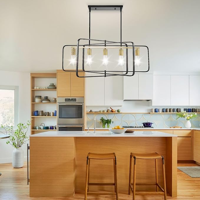 WJShome Farmhouse Chandelier, 5-Light Dining Room Light Fixture Over Table, Hanging Pendant Lights Kitchen Island Linear Chandelier, Black and Gold Rustic Chandeliers for Dining Room