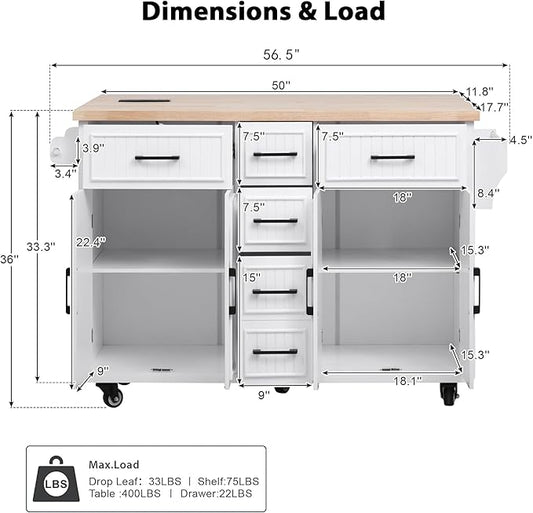 Ball & Cast 56.5" Large Kitchen Island with Drop Leaf and Power Outlet,Embossed Vertical Stripe Rolling Kitchen Cart on Wheels W/Adjustable Shelves,4 Doors & 5 Deep Drawers,for Dining Room,White