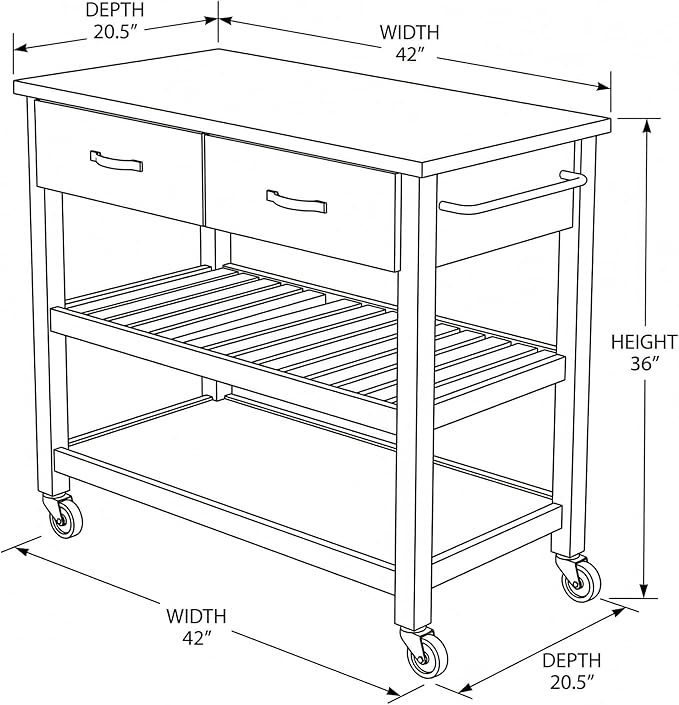 Casaphoria Amanda Collection Solid Wood Kitchen Island, 42" Butcher Block Cart with Stainless Steel Top & Locable Wheels, Prep Table for Small Spaces (Natural)