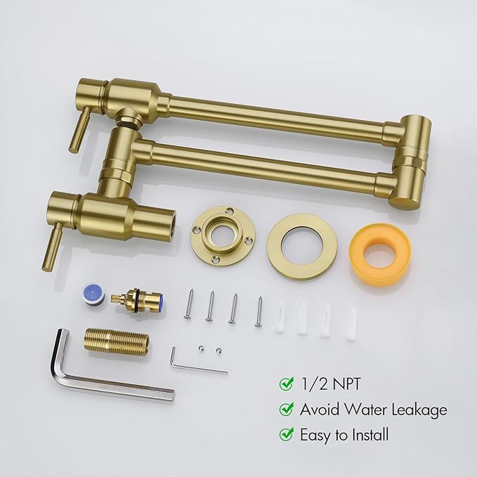 BAGNOLUX Traditional Wall Mounted Single Hole Pot Filler Faucet, Brass Kitchen Faucet Restaurant Stove with 2 Lever Handles and Double Jointed Swing Arm, 23.4 Inch, Brushed Gloss Dark Gold-PVD