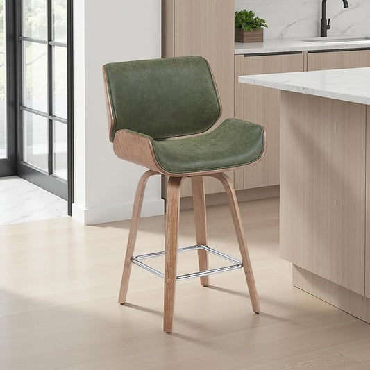 Armen Living Tyler Modern Counter Height Swivel Bar Stool with White Wash Finished Wood and Vintage Green Upholstery