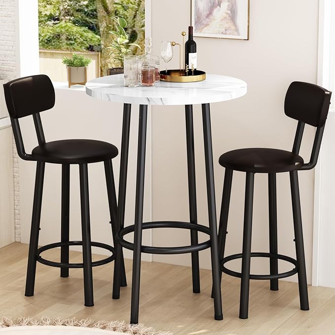 DKLGG Dining Table Set for 2 - 24" Round Kitchen Table With MDF Tabletop & 2 PU Leather Chairs, Bar Pub Set for Small Space Kitchen Living Room Apartment, White