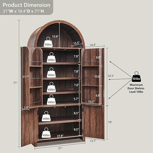 IFBUY 71" Tall Arched Bathroom Storage Cabinet, Modern Fluted Storage Cabinet w/Doors, 3 Adjustable Shelves, 6 Door Shelves, Wood Freestanding Cabinet for Bathroom, Entryway, Hallway, Brown