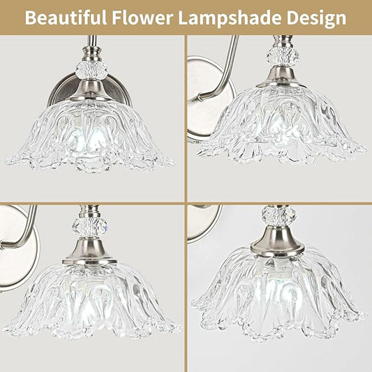 1 Piece Brushed Nickel Wall Sconce with Floral Clear Glass Shade, Brushed Nickel Finish Wall Mount Lighting for Bathroom, Modern Bathroom Vanity Light Fixture