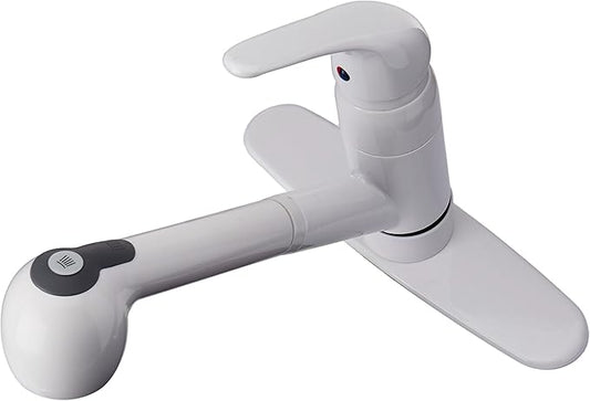 Pfister Pfirst Series Kitchen Sink Faucet with Pull Out Sprayer Single Handle Mid Arc White Finish 1.75 GPM 360 Degree Swivel Spout Ceramic Disc Valve Technology G13310WW