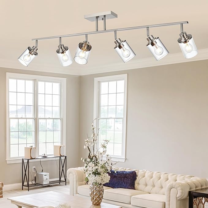 6-Light Directional Track Lighting Kit, Bathoom Lights Over Mirror Industrial Brushed Nickel Kitchen Track Lighting Fixtures Ceiling with 6 Rotatable Light Heads, Clear Glass Shade