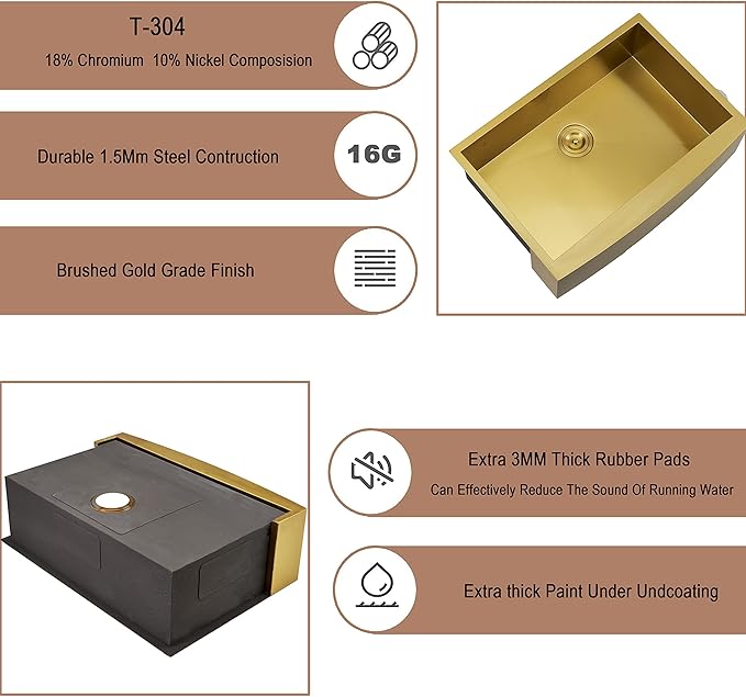 HOTIS Gold Farmhouse Sink, 30 Inch Gold Kitchen Sink, Flat Apron-Front Undermount Drop In Farm Sinks, Stainless Steel Single Bowl Handmade Farmhouse Kitchen Sinks With Accessories