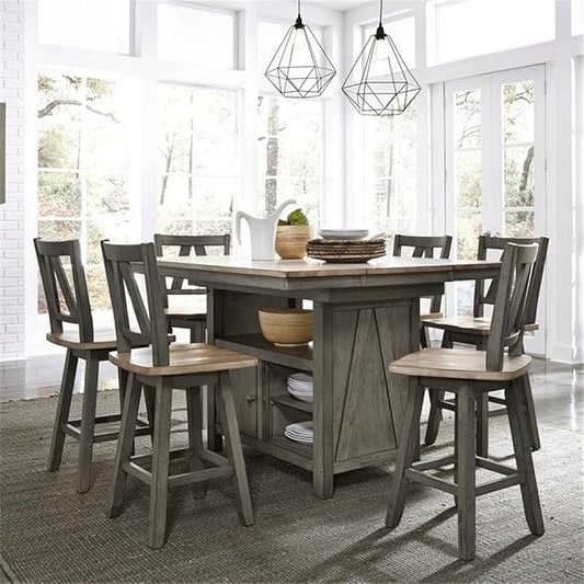 Pemberly Row Contemporary 7 Piece Gathering Table Set, Rubberwood Solids and Veneers, Light Gray and Sandstone Finish, Includes Kitchen Island Table with Storage and 6 Counter Height Swivel Chairs