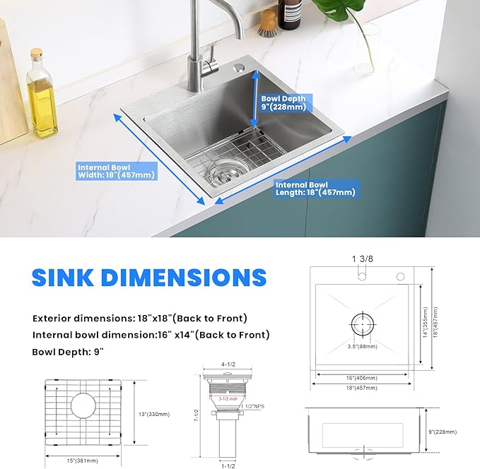 POPFLY 18 Inch Drop In Kitchen Sink, 304 Stainless Steel Top mount Handmade Single Bowl 2 Holes Kitchen Sink 9 Inches Deep Bar Prep Sink with Accessories, Brushed Nickel