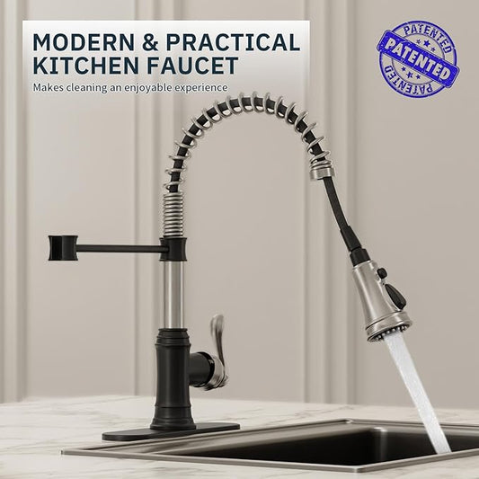 BWE Kitchen Faucet with Pull Down Sprayer, 3 Function High Arc Farmhouse Commercial Bar Sink Faucet, Black and Brushed Nickel Kitchen Sink Faucets
