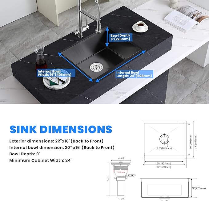 POPFLY 22-Inch Undermount Kitchen SInk, 18 Gauge SUS304 Stainless Steel Handmade Single Bowl Bar Prep 9 Inches Deep SInk with Accessories, Black (22”×18”×9”)