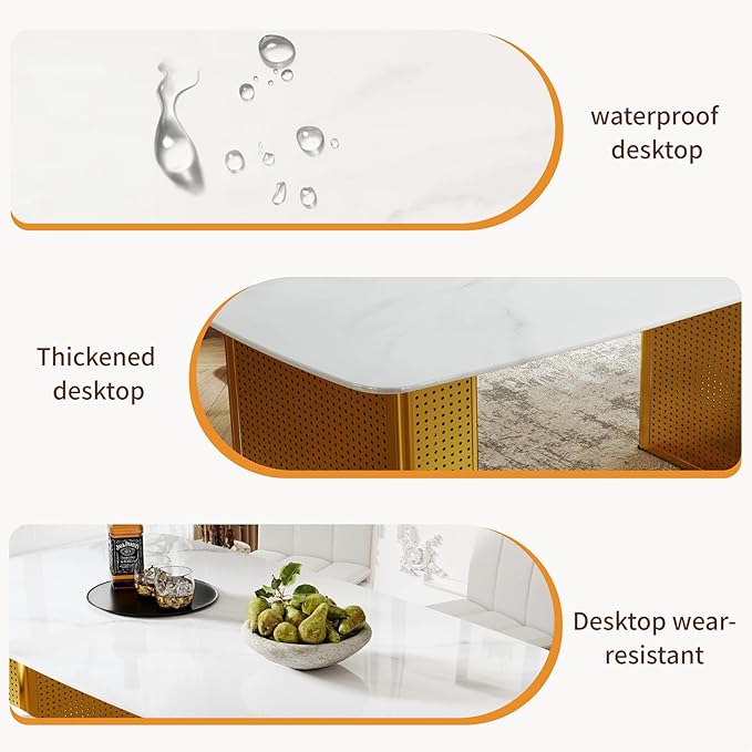 Contemporary Gold Dining Table with Marble Look Glass Top, Unique Rectangular Design, Dual Base Metal Frame, Stable & Stylish 6-8 Person Kitchen Table, Perfect for Modern Dining Room or Office Space