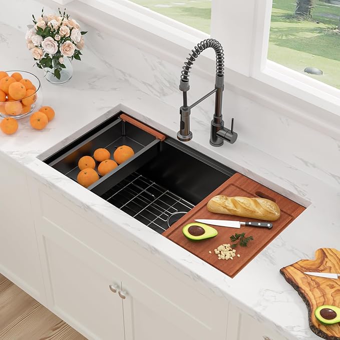 Sarlai 36 Black Undermount Kitchen Sink Workstation - 36x19 Inch Kitchen Sinks with Ledge NANO-Tech Gumental Black Sink Round Corner 16 Gauge Stainless Steel Single Bowl Sink Basin
