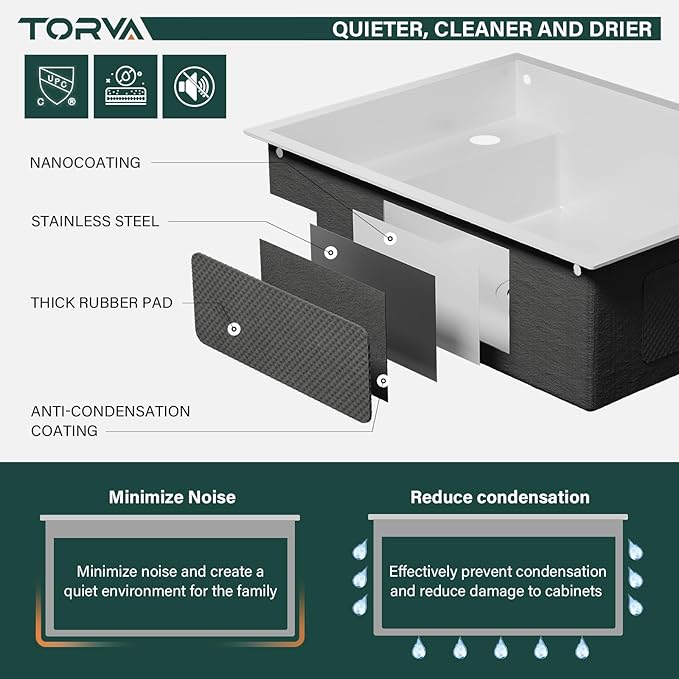 TORVA RV Kitchen Sink, 16 x 21 x 7 Inch Undermount Bar Sink 16 Gauge Stainless Steel Single Bowl Sink with Foldable Faucet Cutting Board, White