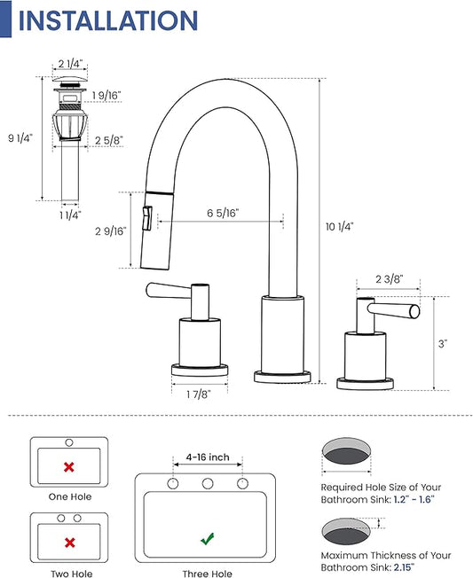 Bathroom Faucet 3 Hole - 8 Inch Widespread Bathroom Faucet with Sprayer, Brushed Nickel Sink Faucet Bathroom 2 Handles - Pull Down Vanity Faucets with Pop Up Drain and Supply Lines