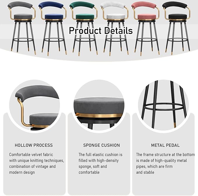 Swivel stools 1PC, Velvet Upholstered Stools with Hollow Back, Metal Chair Legs & Footrest for Kitchen Island Dining Room Pub Home, Seat Height 65cm, Black (Grey Seat Height 65cm)