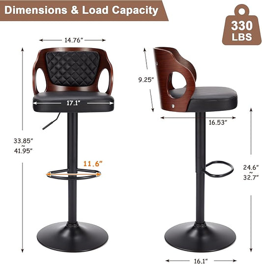 VECELO Swivel Bar Stools Set of 4,Counter Height Stools with Bentwood Back,Armrest&Footrest,Adjustable PU Leather Bar Chairs for Kitchen Island,Coffee Shop and Salon,Black,Quilted Elegance