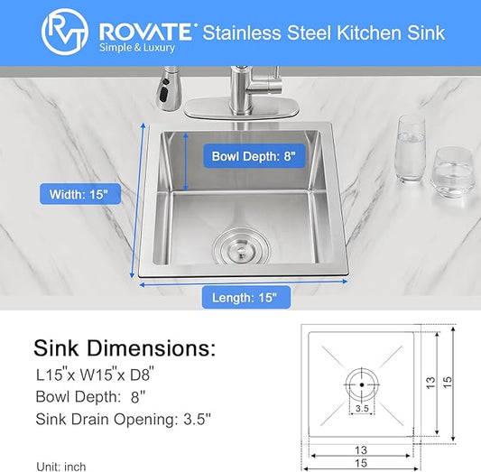 Bar Sink, ROVATE 15 x 15 x 8 inch Bar or Prep Kitchen Sink Undermount, Single Bowl T-304 Stainless Steel Small Sinks Handmade with Strainer