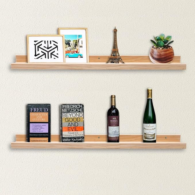 AZSKY Natural Wood Floating Shelves-Wall Mounted Picture Shelf Photo Ledge for Frames & Albums Display-24 Inch Nursery Book Shelf Vinyl Record Shelf for Bedroom, Bathroom, Living Room, Kitchen Decor