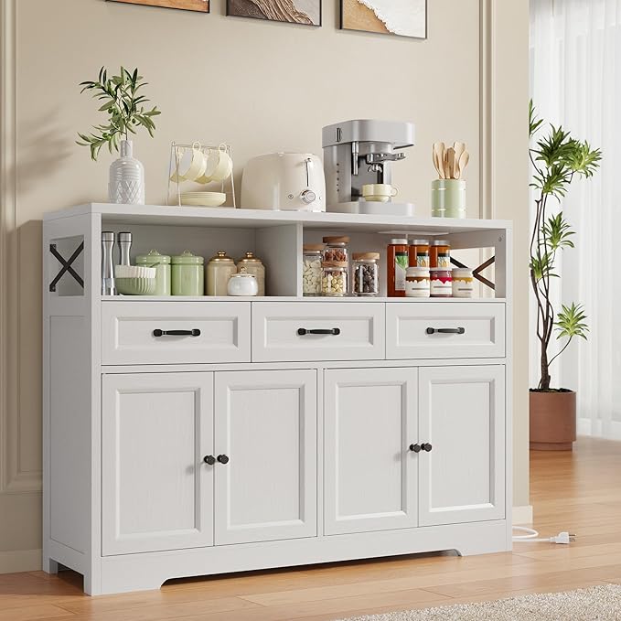 Ahomly 51" Buffet Cabinet with Adjustable Storage, Charging Port - 3 Drawers & 4 Doors Large Sideboard, Multi - Scene Coffee Bar/Microwave Stand for Kitchen,Living Room,Entryway(White)
