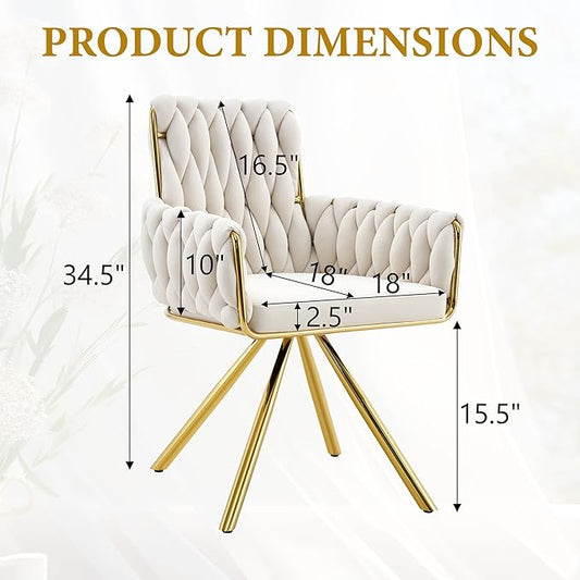 Upholstered Dining Chairs Set of 2, Hand-Woven Back Kitchen Chair, Large Gold Dining Chairs,Velvet Upholstery with Metal Legs, Modern Velvet Chair for Dining Room、Kitchen、Restaurant