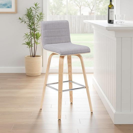 Vienna Modern Swivel Bar Height Stool with Grey Upholstered Seat and Patterned Oak Wood Frame Set of 3