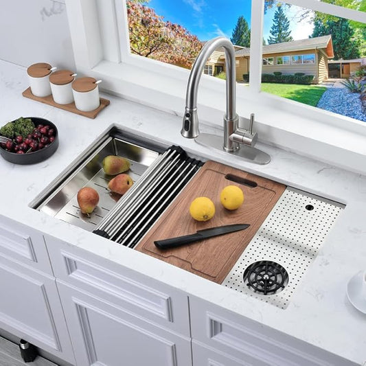 33 Inch Undermount Kitchen Sink with Glass Rinser -Bokaiya 33x19 Stainless Steel Kitchen Sinks Undermount Workstation Sink 16 Gauge Multifunctional Single Bowl Deep Kitchen Sink with Cutting Board