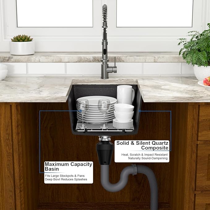 Mocoloo 18 Inch Undermount Granite Composite Bar Sink - 18 x 18 Matte Black Ledge Workstation Kitchen Sinks, Composite Quartz Single Bowl Under Counter Bar Prep Rv Sink Basin