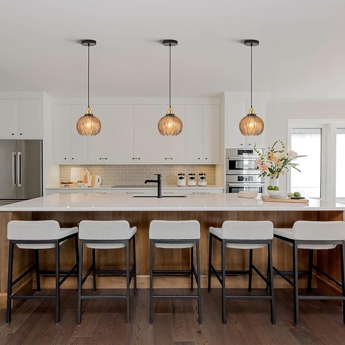 7.8in Vintage Pendant Light 2- Light Kitchen Sink Pendant Lights with Amber Hand Blown Glass Small Hanging Lamp for Kitchen Island Dining Room Bedroom Bathroom Hallway E26