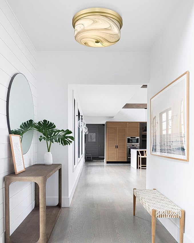 Flush Mount Ceiling Light, 12inch Close to Ceiling Light Fixture, Metal Gold Finish with Handmade Grey Marble Glass Art Shade for Living Bedroom Room Hallway Kitchen