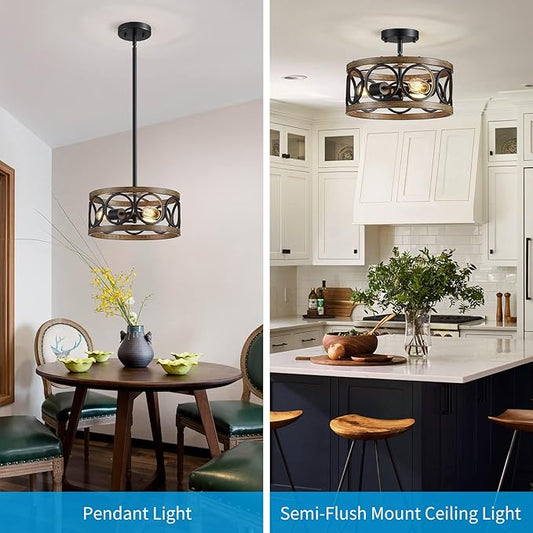 XINGQI Black Ceiling Light Adjustable Height Chandelier Modern Farmhouse Pendant Lighting Fixture Wood Grain Metal 13" Rustic Round Lights for Dining Room Kitchen Bedroom Entryway