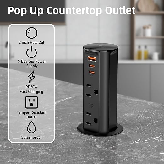ANNQUAN 2 inch Space Saver Pop Up Outlet for Countertop with PD20W USB Ports,2 Outlets Tamper Resistant,Splashproof Pop Up Socket,Desk Power Grommet for Home Office Kitchen Black (ETL Listed)