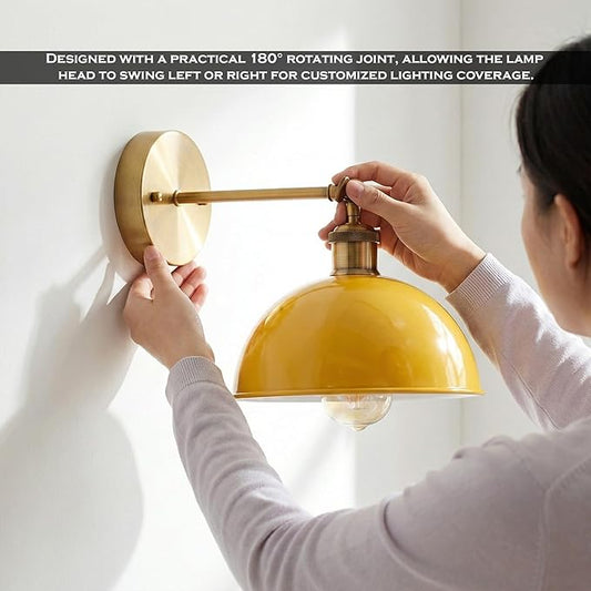 Dome Metal Wall Sconce, 180° Adjustable Industrial Wall Lamp for Bedside, Study, Kitchen, and Living Room Décor. (Yellow.)