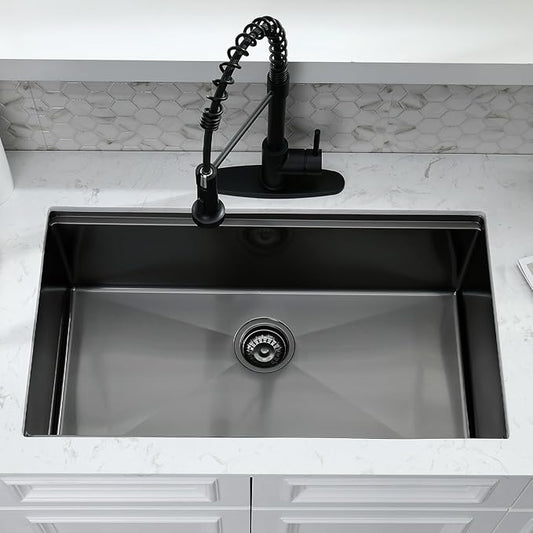 27 Inch Black Undermount Kitchen Sink with Faucet Combo - 27x19 Black Stainless Steel Workstation Sinks Single Bowl Kitchen Sink Undermount with Accessories