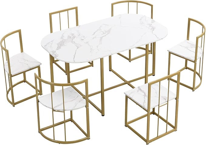 RuiSiSi Modern Dining Table Set for 6 Kitchen Table Set with 6 Dining Chairs and Faux Marble Tabletop for Kitchen, Dining Room, Small Space, Gold+White