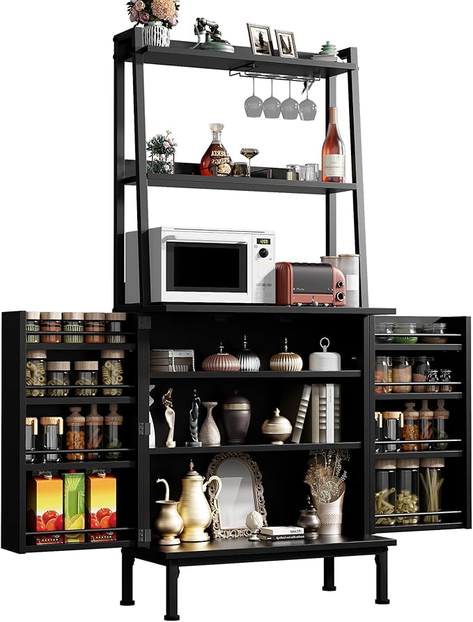 58” Pantry Cabinets with Microwave Shelves, Small Kitchen Pantry Storage Cabinet with Adjustable Shelves, Freestanding Buffet Cupboards Sideboard for Kitchen, Dining Room, Living Room Use (Black)