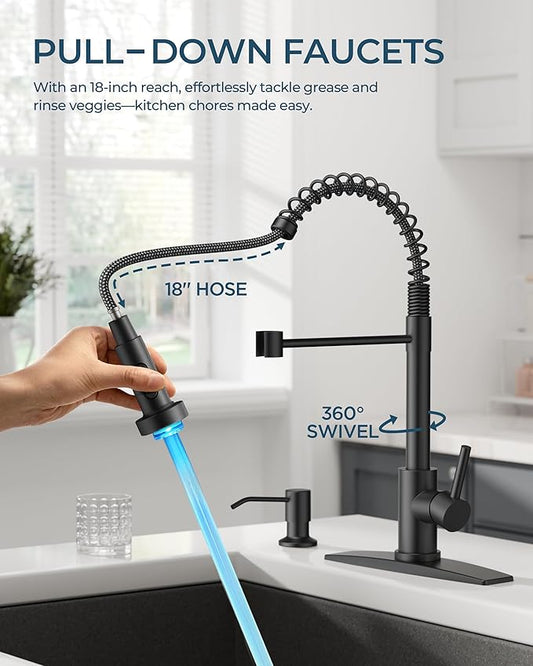 FORIOUS LED Kitchen Faucet with Soap Dispenser, Black Stainless Steel Traditonal Spring Commercial Pull Out Sink Faucet with Pull Down Sprayer for Laundry & Utility RV Camper Bar Farmhouse