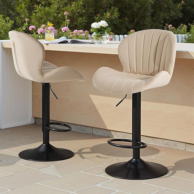 Sweetcrispy Bar Stools Set of 2, Modern Swivel Bar Chairs, Adjustable Fabric Upholstered Barstools Counter Height with Backrest for Bar, Kitchen Island, Dining Room, Beige