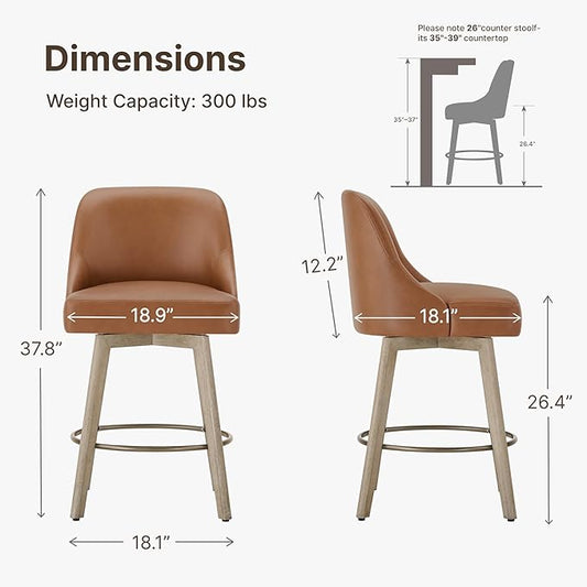 Counter Height Bar Stools Set of 4, Modern Swivel Barstools with Back and Wood Legs, Faux Leather Upholstered Bar Chairs, 26" Seat Height Counter Stools for Kitchen Island,Brown