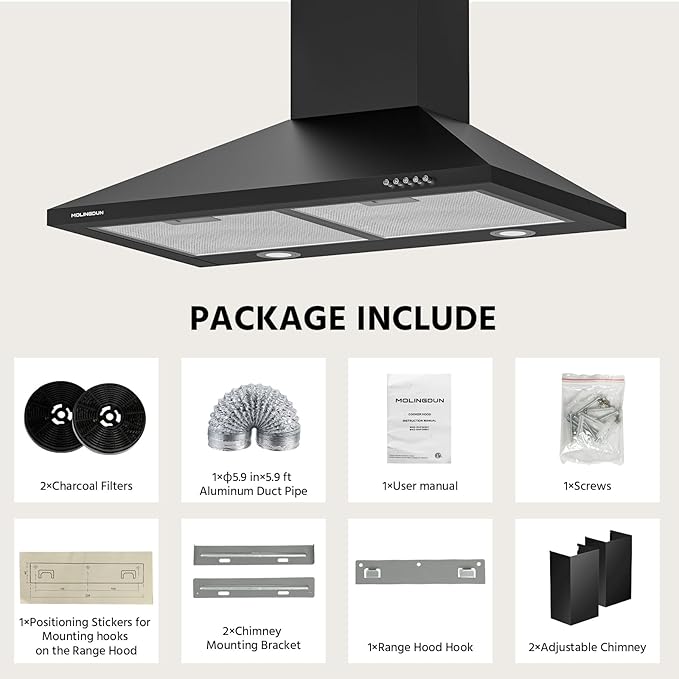 Range Hood 30 inch, 450 CFM Wall Mount Kitchen Hood in Cold Steel with Black Powder Coating Finish, LED Lighting, 3 Speed Exhaust Fan, Ducted/Ductless Convertible (Charcoal Filters Included)
