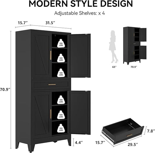 COFaR 71" Modern Pantry Cabinet with Drawer, Black Storage Cabinet with Adjustable Shelves, 3-Section Industrial Cupboard for Kitchen & Office