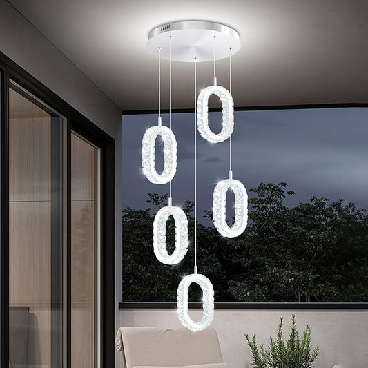 5 Ring Oval Chandelier for Dining Room, Chorme Crystal Chandelier Ring Pendant Light for Kitchen Island,Hallway, Entryway, Passway, Bedroom, Balcony Living Room