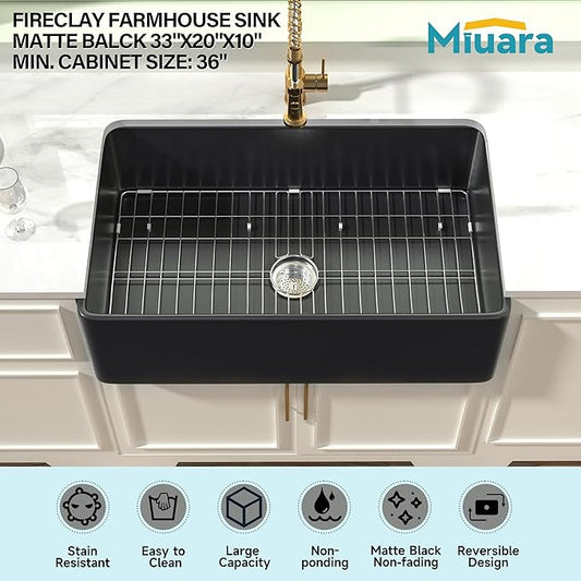 Miuara Black Farmhouse Sink 33 Inch - Large Apron Front Undermount Kitchen Sink 33x20x10, Farm House Style Deep Single Bowl, Heavy Duty Solid Fireclay, Matte Black, for Kitchen